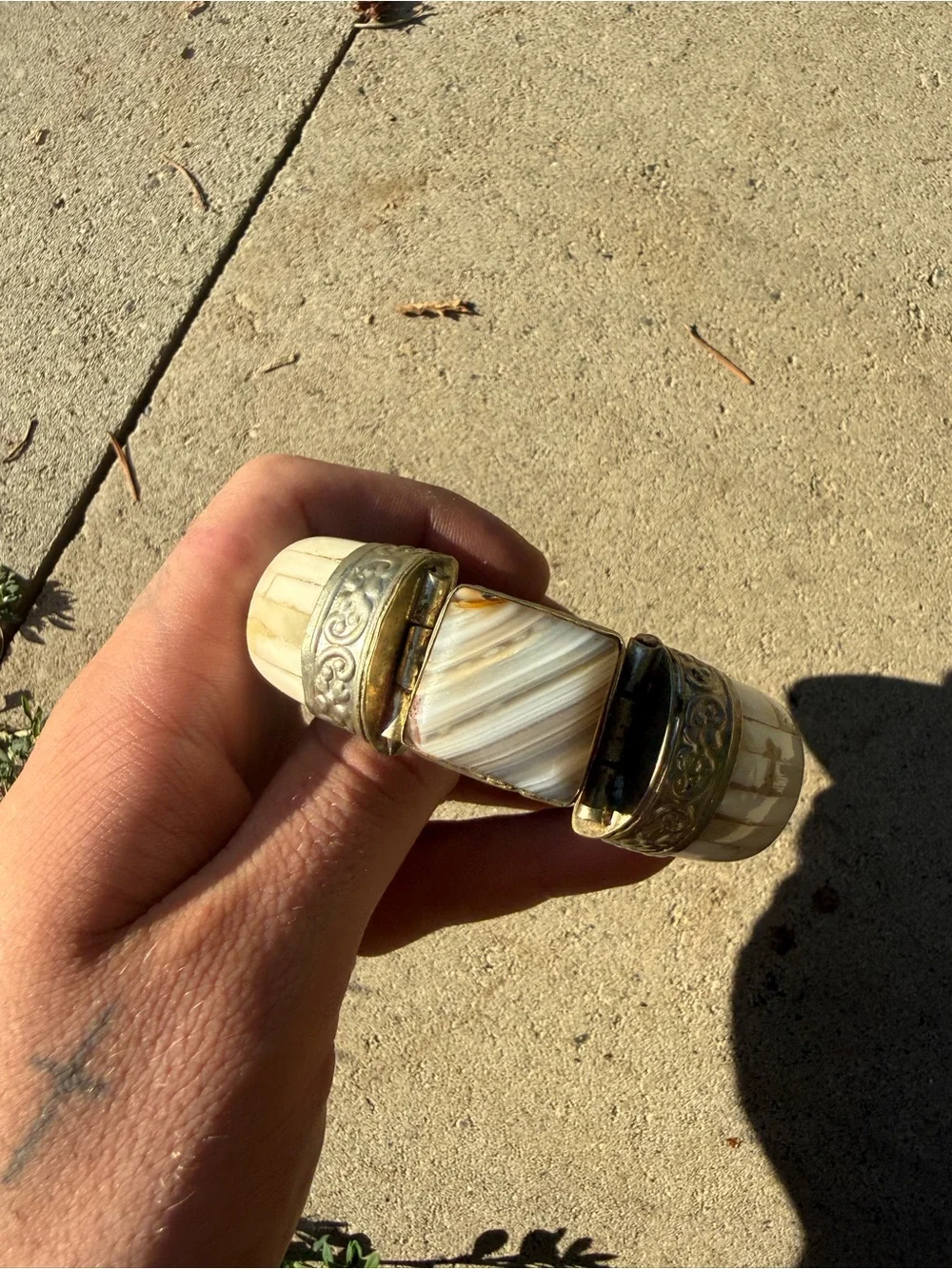 Antique Large Silver Tone Bone Agate Bracelet